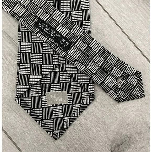 Italo‎ Ferretti Men's Tie Geometric Checkered Silver/Black Silk 4" (W) x 62" (L)